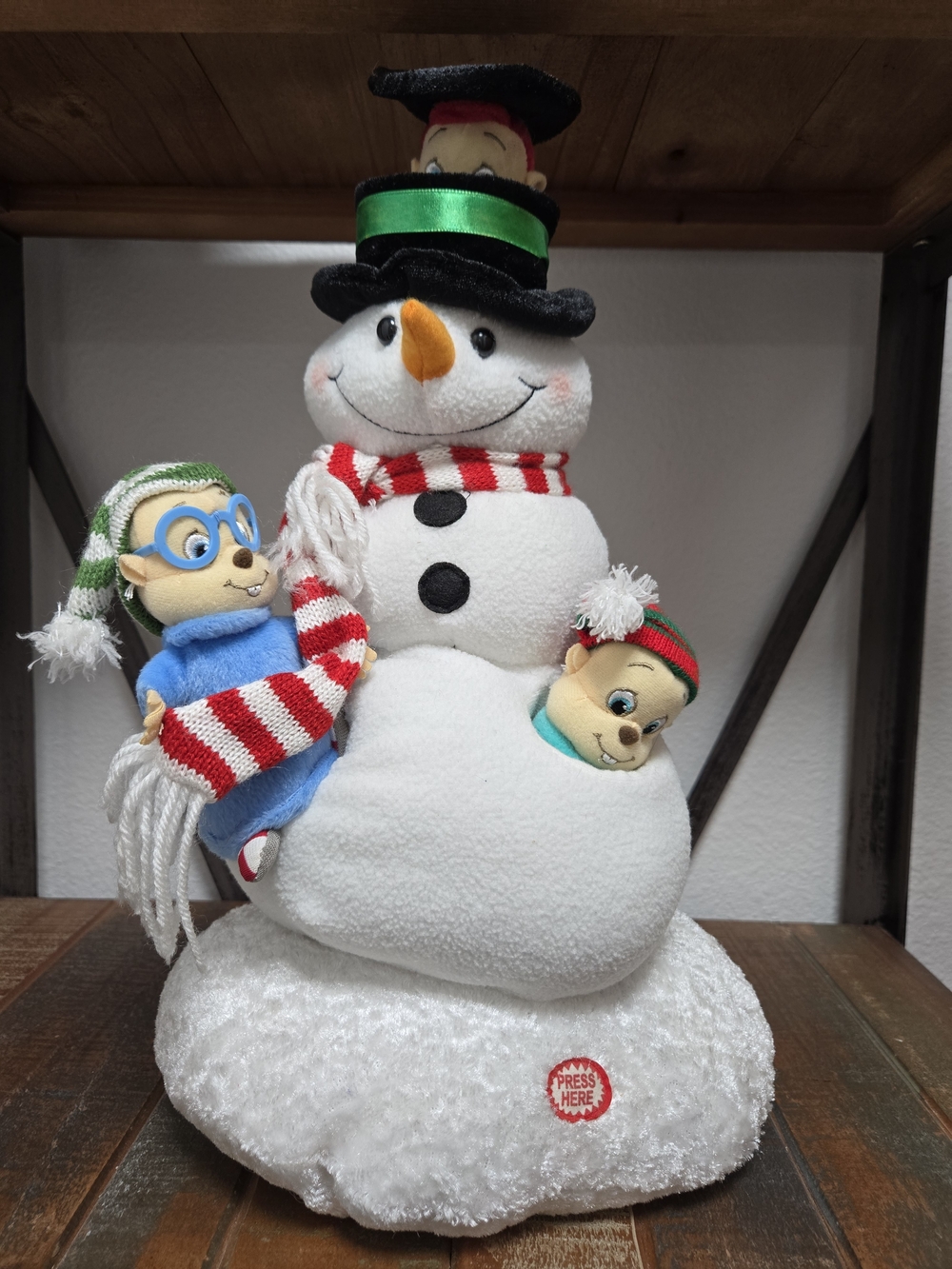 Plush White Snowman with Festive Elf Friends